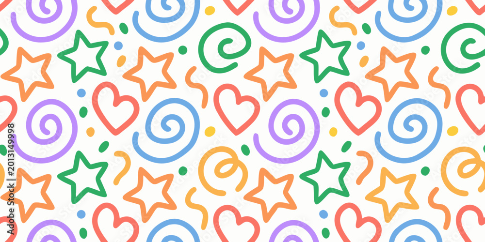 Fototapeta premium colorful doodle pattern seamless background with hearts stars and swirls