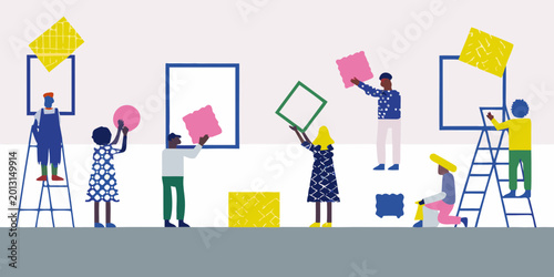Foto people arranging artwork on wall flat vector illustration