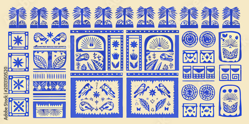 Canvastavla blue and white folk art motif grid repeating pattern