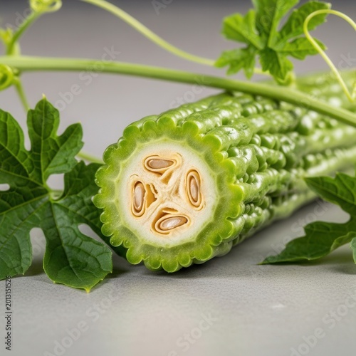 Vibrant Bitter Gourd Slice Showcasing Natural Texture And Healthy Seeds