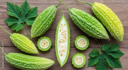 Vibrant Bitter Melon Assortment On Rustic Wooden Surface
