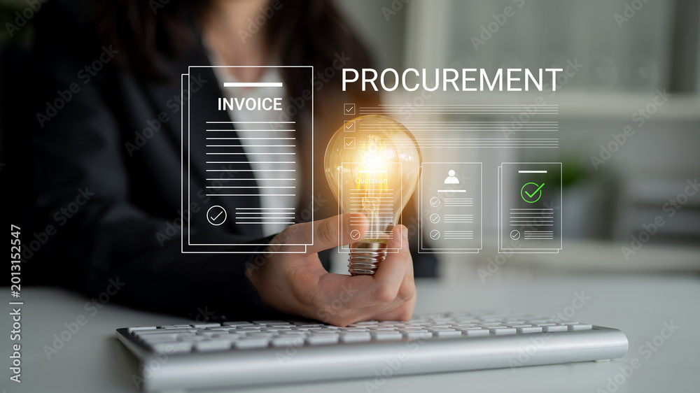 Naklejka premium A business professional presents a glowing light bulb to represent innovative ideas in the procurement process, highlighting invoices and checklists in the office environment. Cyphers