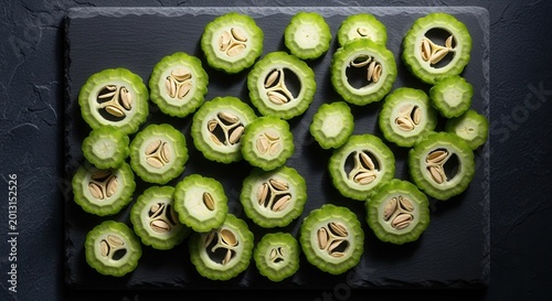 Vibrant Bitter Melon Slices Artfully Arranged