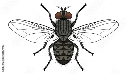 Obraz na plátně Detailed housefly top view vector illustration insect anatomy wings legs scienti