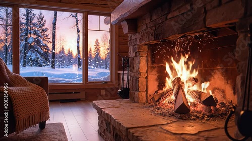 Cozy Cabin Fireplace with Snowy Winter Forest View at Sunset.