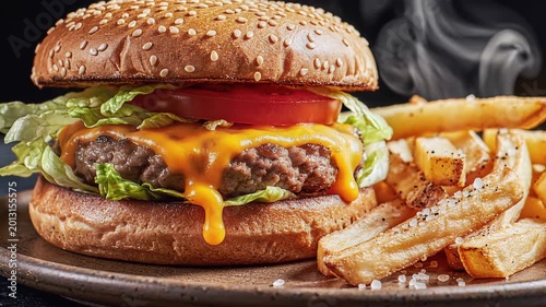 Delicious Cheeseburger with Steaming French Fries on a Plate.