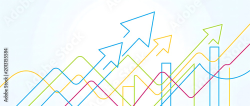 Colorful upward arrow curves and bar charts illustrating growth trends in data visualization illustration