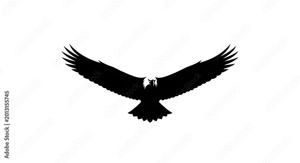 Fototapeta premium Bold black silhouette of an eagle with wings spread wide, soaring powerfully against a white background.