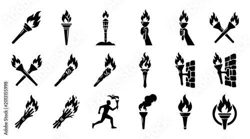 Fotografia Torch Silhouette Icon Set – Fire Flame Medieval and Ceremonial Torch Symbols