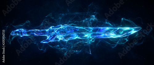A blue energy sword with swirling smoke effects in digital illustration style