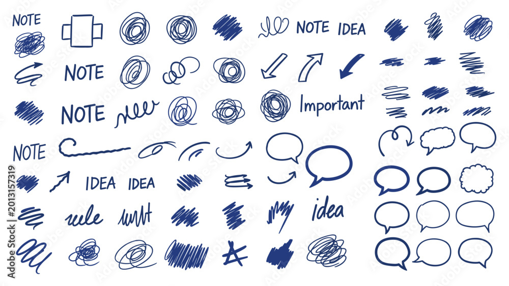 Fototapeta premium Hand drawn scribbles set with arrows and speech bubbles vector illustration for digital note taking and ideas
