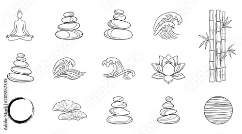 Photography Zen icon set lotus enso stones bamboo wave calm spa art yoga vector illustration