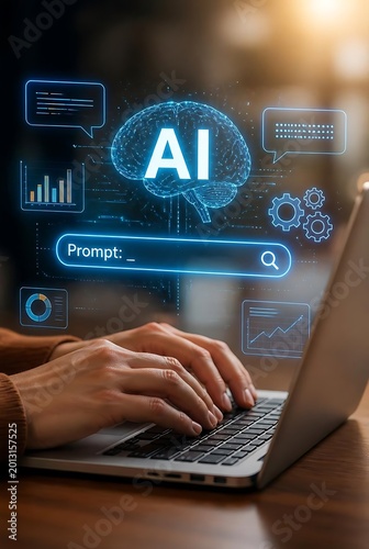 artificial intelligence concept with human hands typing on a laptop keyboard