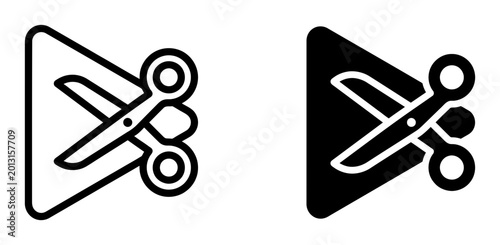 Video cut icon set with scissors and play button, outline and solid style, white background, vector Illustration