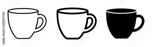Coffee cup icon set with outline and solid glyph styles, white background, vector Illustration