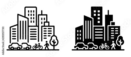 City icon set with skyscrapers car and bicycle, outline and solid style, white background, vector Illustration