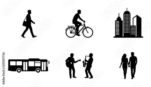 City life icon set with pedestrian cyclist bus and musicians silhouette, white background, vector Illustration