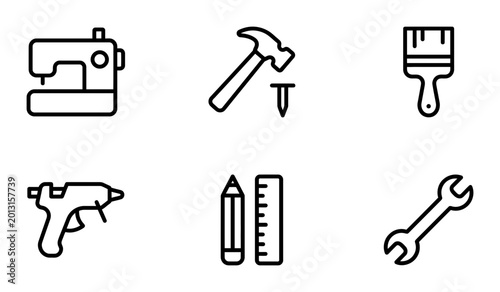 Handicraft tools icon set with sewing machine hammer and brush, white background, vector Illustration