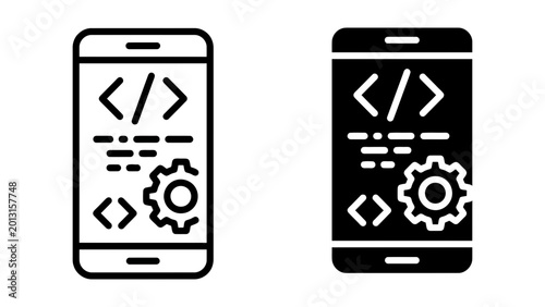Mobile app development icon set with smartphone coding and gear, white background, vector Illustration