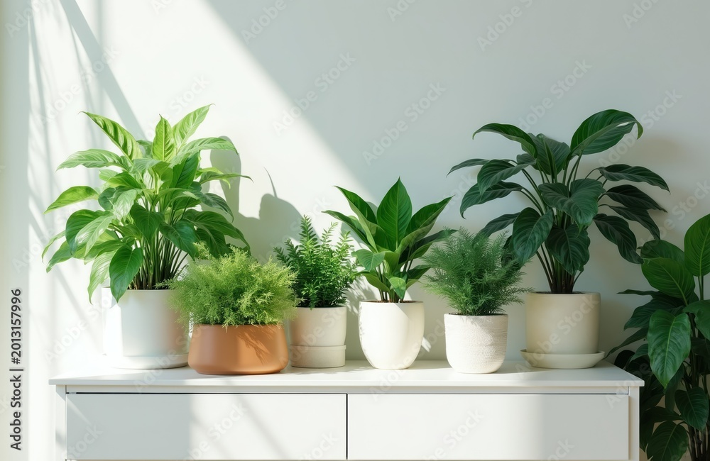 Fototapeta premium Several potted green houseplants with diverse leaves sit on a white dresser against a light wall. Natural light creates soft shadows and highlights on the leaves and surface.