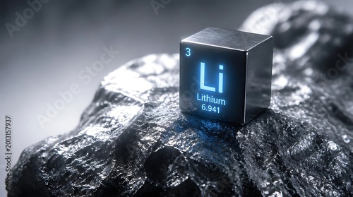 Lithium element cube on dark rock periodic table symbol and atomic number