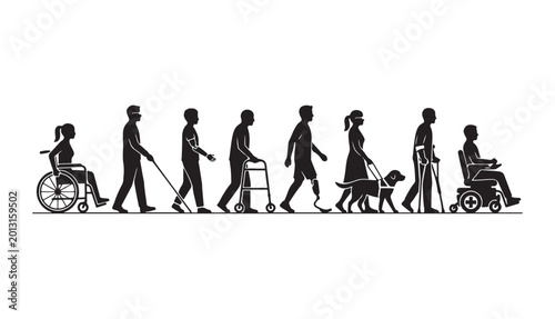 Vector Silhouette Set of Diverse People with Disabilities and Accessibility Icons
