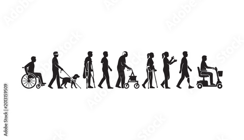 Vector Silhouette Set of Diverse People with Disabilities and Accessibility Icons