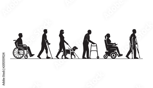 Vector Silhouette Set of Diverse People with Disabilities and Accessibility Icons