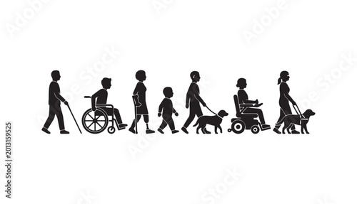 Vector Silhouette Set of Diverse People with Disabilities and Accessibility Icons