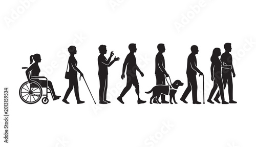 Vector Silhouette Set of Diverse People with Disabilities and Accessibility Icons