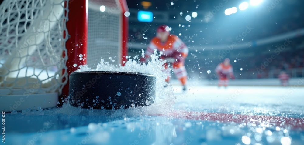 Fototapeta premium Ice hockey puck hits net with ice spray. Player scores goal in stadium arena. Action shot captures intense match competition. Intense sports moment frozen in time.
