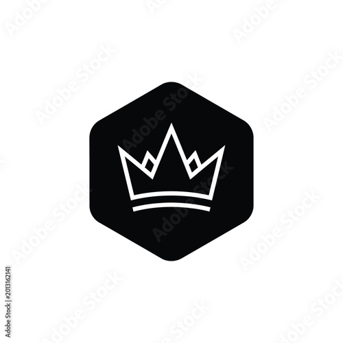 White crown outline centered inside a solid black hexagonal shape
