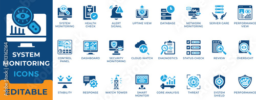 System monitoring and server maintenance icon set. Network diagnostics, cloud watch, cyber security, database health check and IT performance dashboard vector symbols.