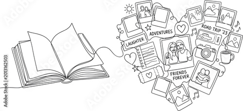 Continuous line drawing of an open book connected to a heart shaped collage of memories, photos, and travel tickets