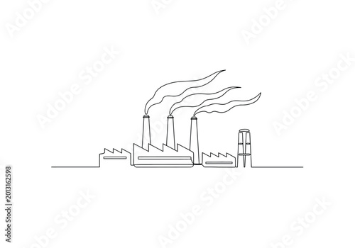Minimalist factory plant with smoking chimneys single line art illustration