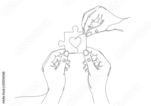 Vászonkép Continuous line drawing of hands joining a heart puzzle piece