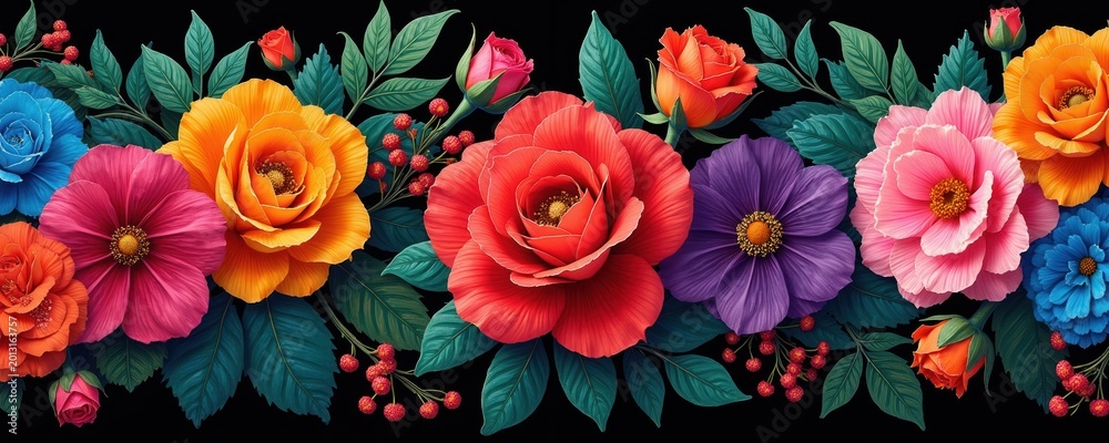 Obraz premium Vibrant garden border with large blooming roses and daisies in vivid red, orange, pink, purple, and blue. Dark green leaves and red berries accent the floral arrangement.