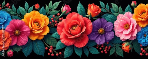 Vibrant garden border with large blooming roses and daisies in vivid red, orange, pink, purple, and blue. Dark green leaves and red berries accent the floral arrangement.