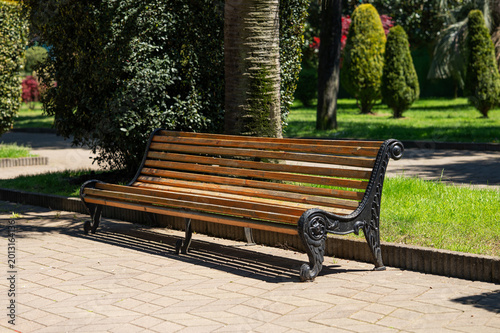 An empty wooden bench in a city park.