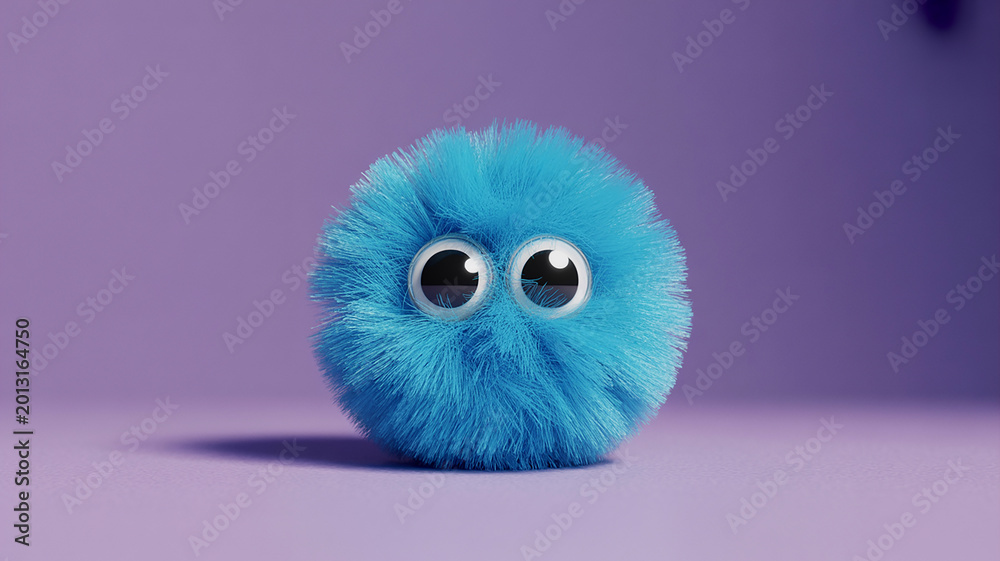 Fototapeta premium Fluffy blue creature with big eyes against a purple background