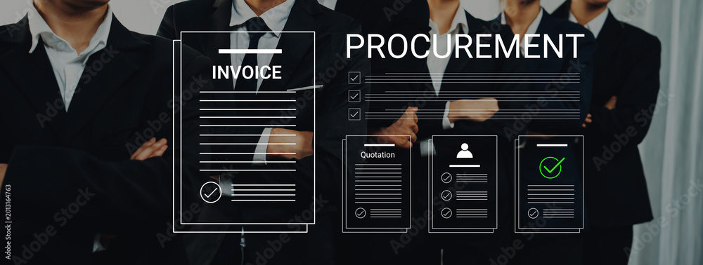 Fototapeta premium Group of business professionals discuss procurement strategies while reviewing essential documents like invoices and checklists to enhance decision-making processes. Cyphers