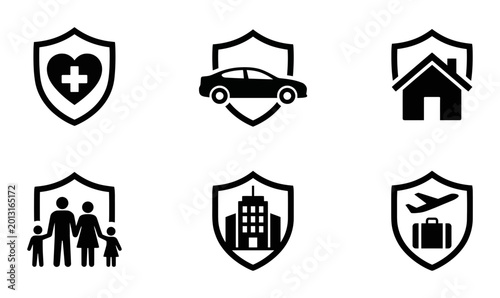 Insurance icon set including health car home family and travel, white background, vector Illustration