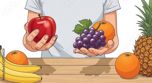 Bright Fruit Array Held by Hands Over Wooden Table