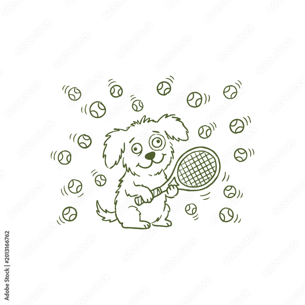 Obraz premium Happy dog playing tennis with a racket and balls line art tennis ball sports equipment playing fetch dog sport cute funny