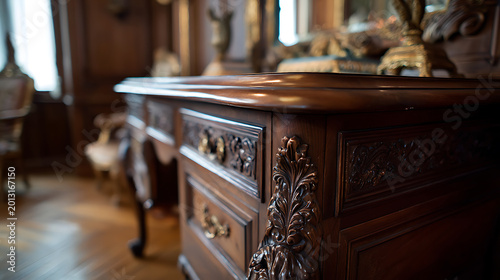 Elegant antique wooden desk with ornate carvings foreground, classic interior design detail in warm tones, historical furniture close-up