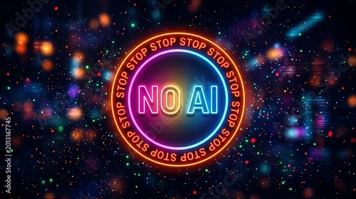 Neon Stop Sign Against Artificial Intelligence With Glowing Background