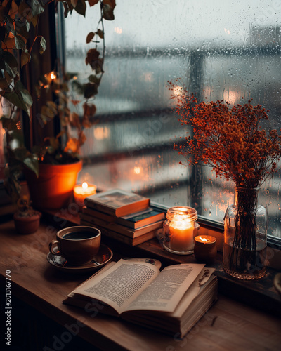 Warm Cozy Interior with Candles by Window