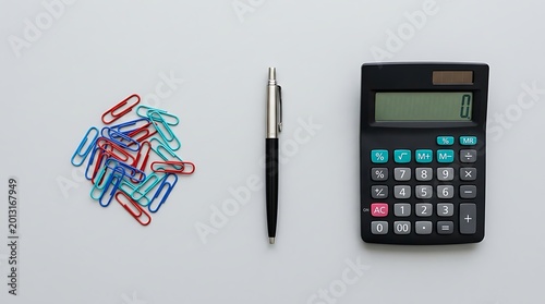 Office supplies including paper clips pen and calculator on clean workspace