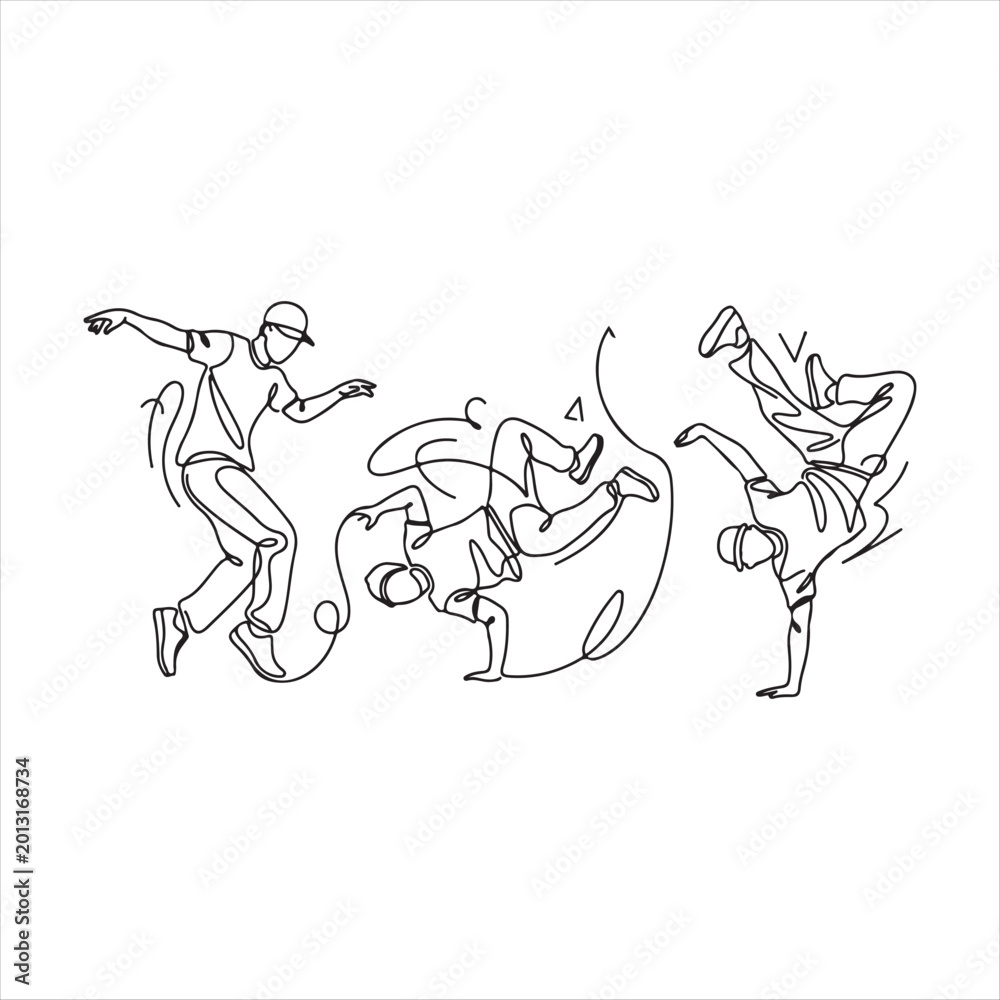 Fototapeta premium Continuous line drawing of three breakdancers performing various moves in sync dancing