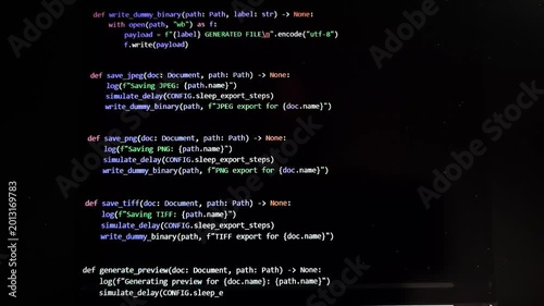 Artificial intelligence writes programming code on computer screen automatically. Digital system generates script using language model technology. Technology concept shows smart coding and